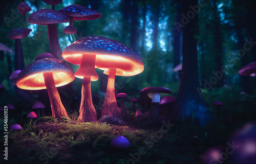 Fabulous mystical mushrooms, Magical mushrooms in the forest. Generative AI © 4K_Heaven
