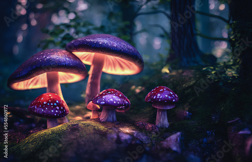 Fabulous mystical mushrooms, Magical mushrooms in the forest. Generative AI