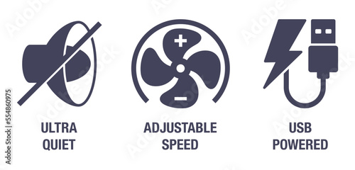 Adjust speed, ultra quiet, USB powered icons set