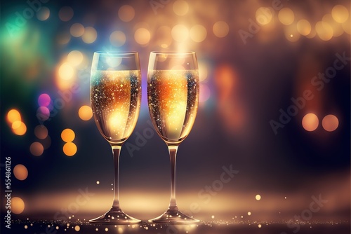 new year celebration , champagne glasses on the background of the christmas lights, ai art