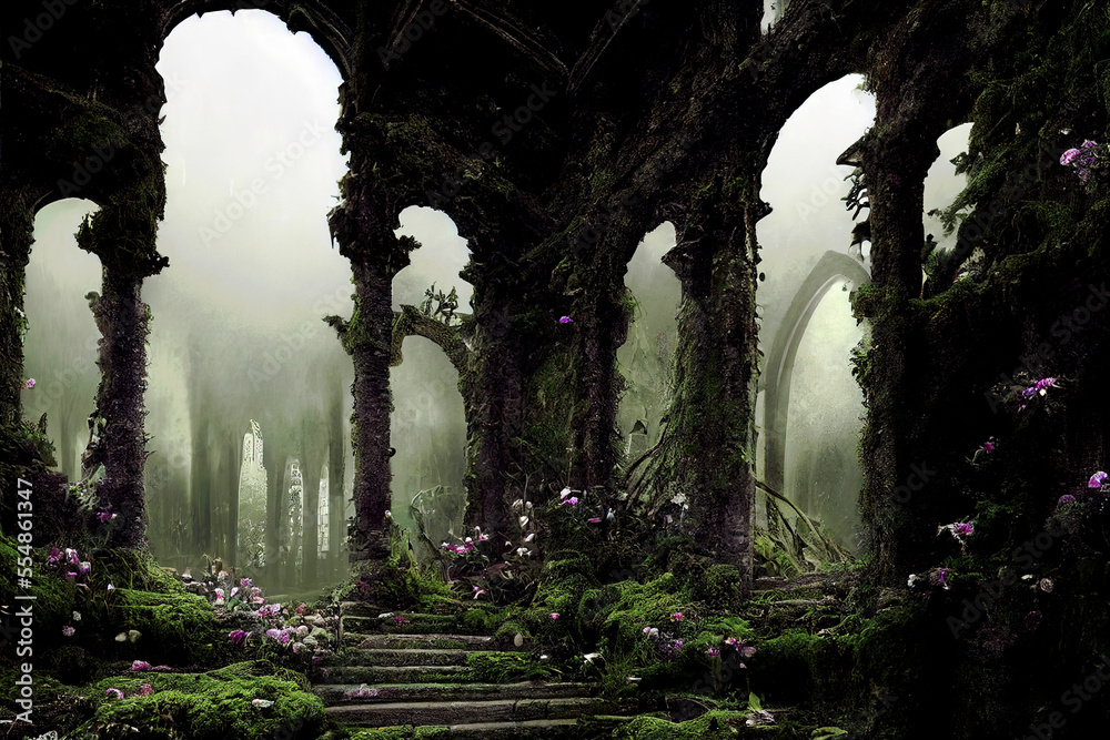 Obraz premium Post-apocalyptic city, dystopic overgrown buildings ,made with Generative AI