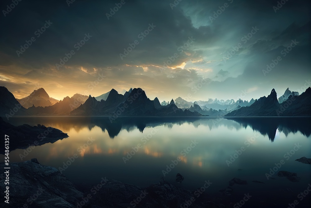 Panoramic landscape with lake view, mountain peaks at dawn, countryside in winter ,made with Generative AI