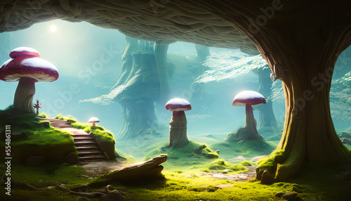 Fabulous mystical mushrooms, Magical mushrooms in the forest. Generative AI