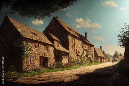 Medieval warehouse with houses and road ,made with Generative AI