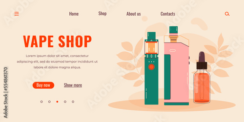 Vape shop colorful web page. Electronic cigarettes and vape. Modern vector illustration. Alternative smoking device. Flat vector design for web.