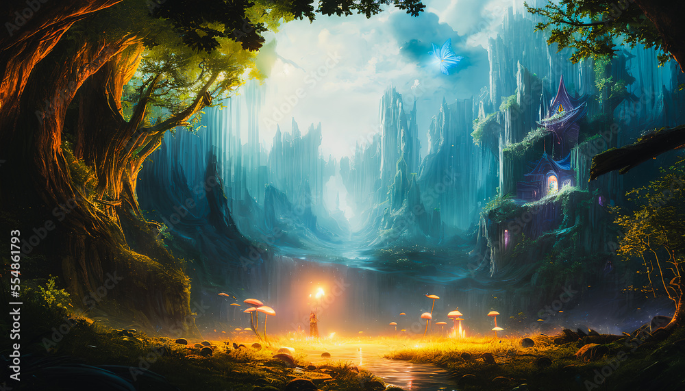 Fototapeta premium Fantasy landscape, surrealism. Tender and dreamy design, Generative AI