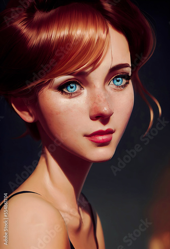 Beautiful girl portrait with ginger hair and blue eyes ,not a real person, made with Generative AI,not a real person, made with Generative AI