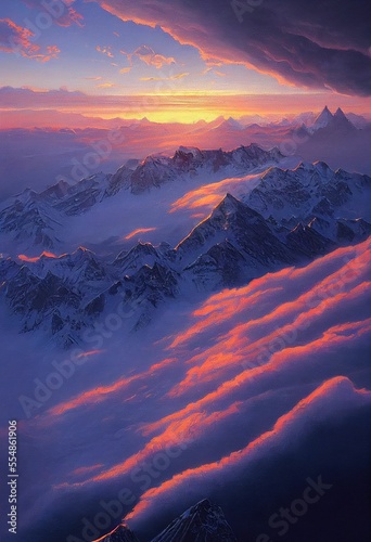 Mountain landscape with fog, snowy peaks at dusk ,made with Generative AI © DNY3D
