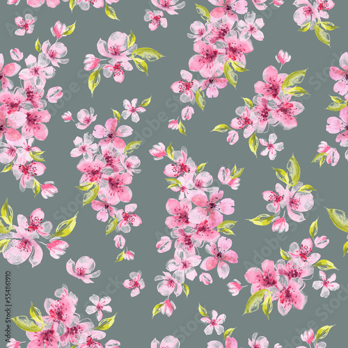Seamless pattern of watercolor hand draw pink sakura flowers on grey background