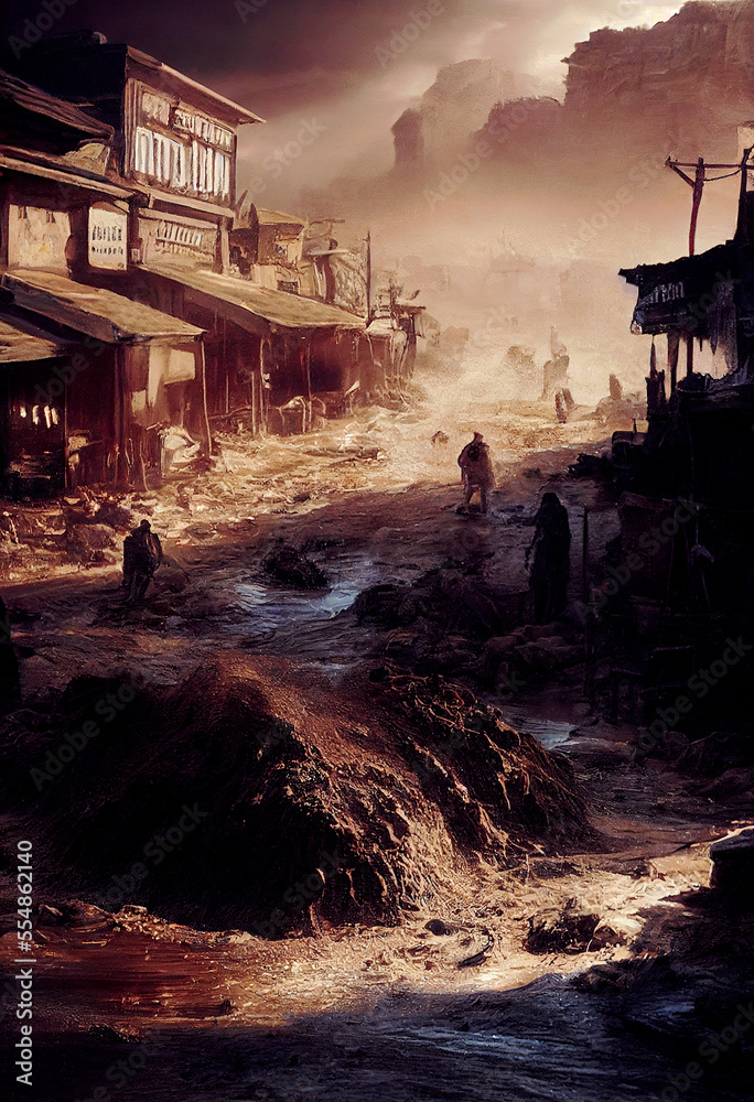 Dam breaks, post apocalyptic scene, city flooded ,made with Generative AI
