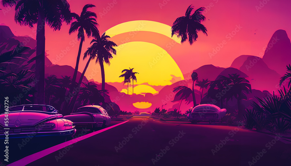 Retrowave car on a palms road near the sea on a sunset, Generative AI