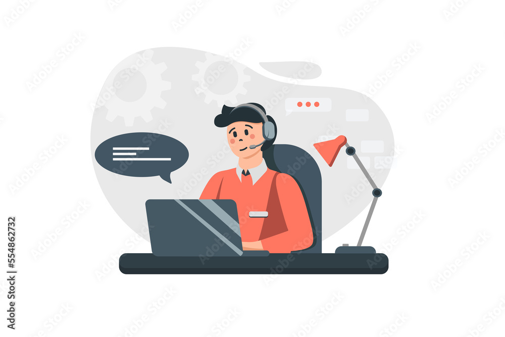 Man works at customer support concept in flat design. Operator in headphone answers online letters from clients, finds solutions, advises and consults. Illustration with people scene for web