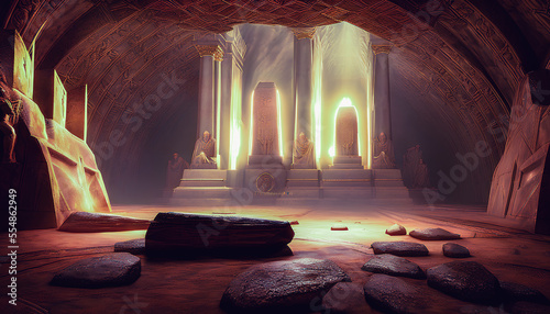 Iillustration of a scary underground temple with sarcophagus, Generative AI.