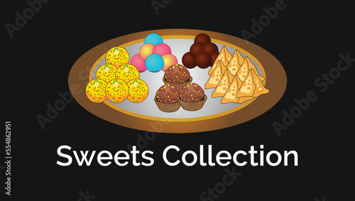 Asian Delicious Sweets Ladoo Samosa Alsi Rus Gulla and Gulab Jamun Collection In a Plate