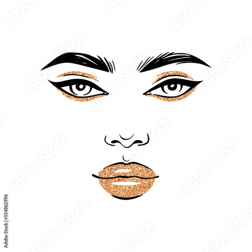 Woman Gold Glitter Makeup Illustration. Fashion Girl Face Portrait. Golden Lips and Eyeshadow