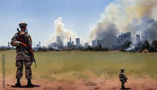 Painting of soldier on battlefield, Generative AI