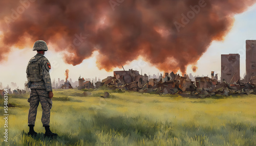 Painting of soldier on battlefield, Generative AI