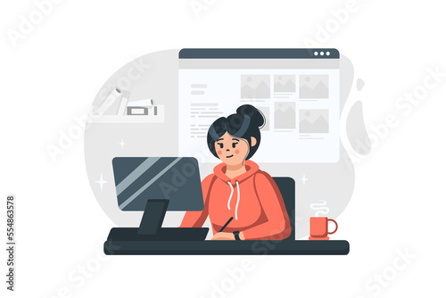 Graphic designer concept in flat design. Woman illustrator draws on tablet and creates content to fill website using computer, makes creative projects. Illustration with people scene for web