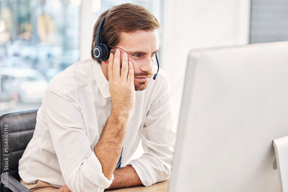 Call center, stress and sad businessman with burnout from mistake on computer, 404 glitch and fail. Tired sales consultant working on desktop, pc problem and telemarketing error, fatigue and crisis Call center, stress and sad businessman with burnout from mistake on computer, 404 glitch and fail. Tired sales consultant working on desktop, pc problem and telemarketing error, fatigue and crisis