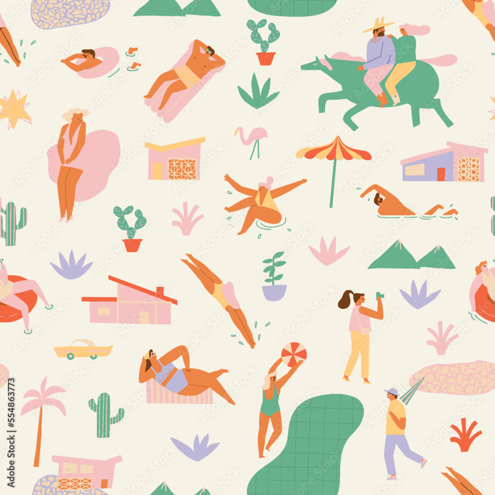 Mid century modern funny seamless pattern with cartoon characters, tourists, Marlin Monroe and other attractions. Vector illustration Mid century modern funny seamless pattern with cartoon characters, tourists, Marlin Monroe and other attractions. Vector illustration