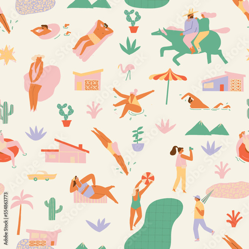 Fototapeta Naklejka Na Ścianę i Meble -  Mid century modern funny seamless pattern with cartoon characters, tourists, Marlin Monroe and other attractions. Vector illustration