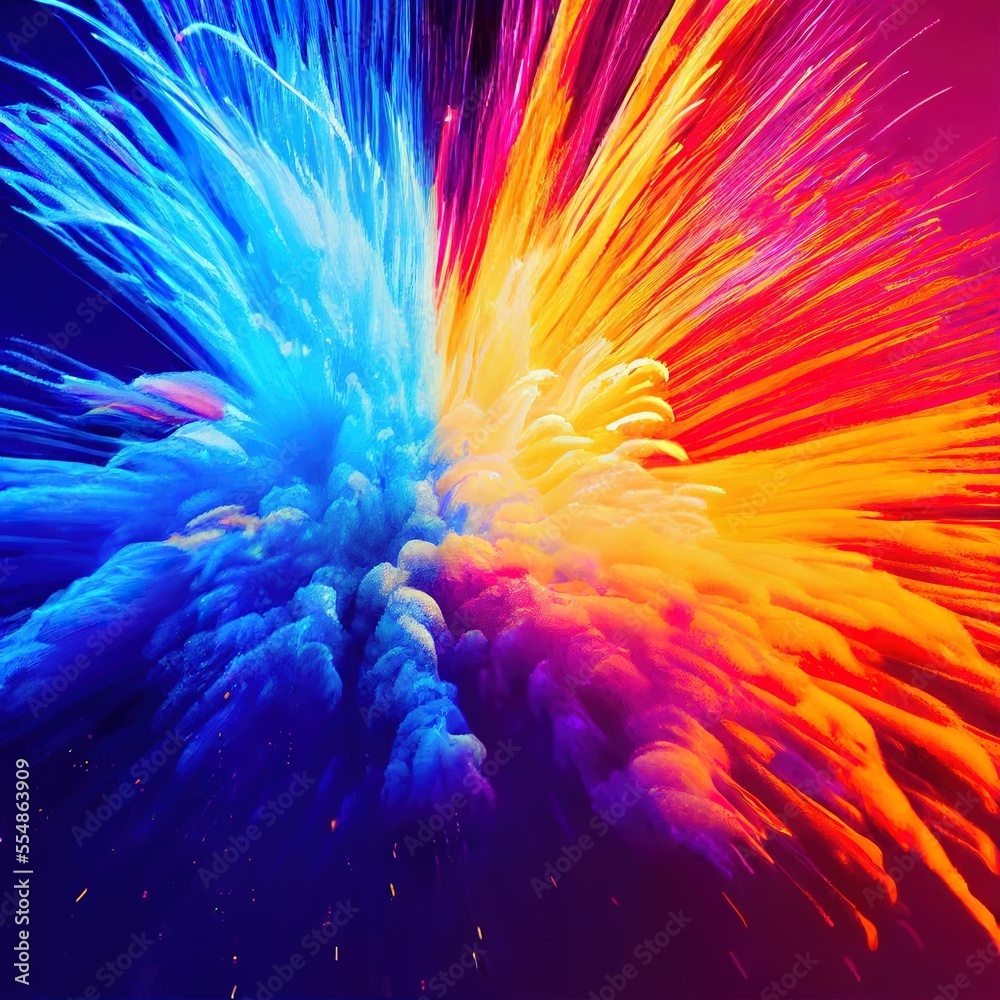 Obraz premium Explosion of rainbow color dust on black background ,made with Generative AI