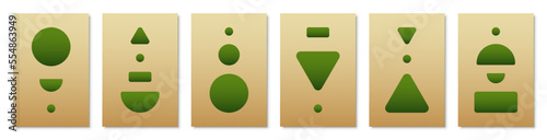 Abstract posters set of minimal geometric shapes. Wall art collection of organic shaped green tribal symbols on yellow background. 