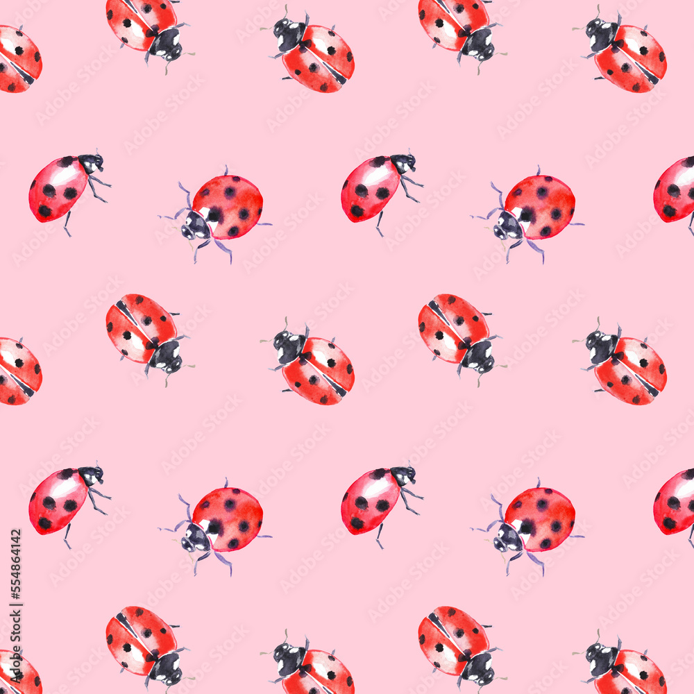 Ladybug pattern, fabric pattern , insect, red bugs, beetle, watercolor illustration Ladybug pattern, fabric pattern , insect, red bugs, beetle, watercolor illustration