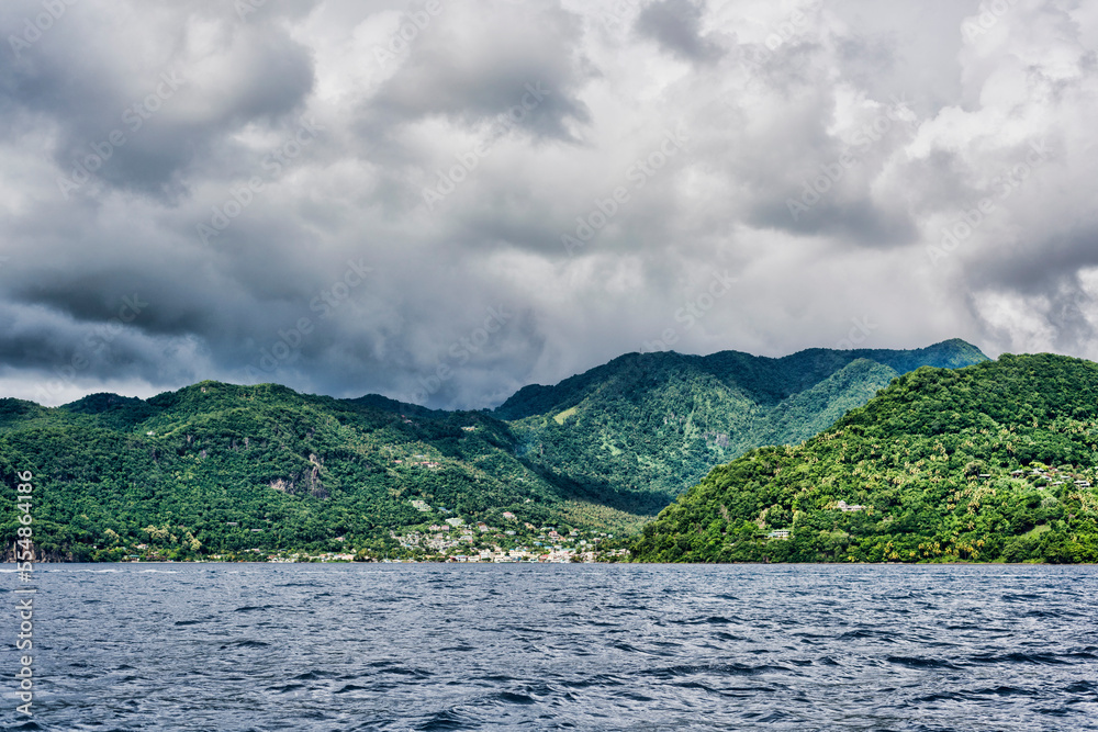 Landscape view of exotic island Saint Lucia from sea side just before the storm