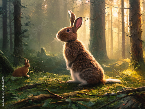 Cute bunny, rabbit in beautiful landscape, Generative AI