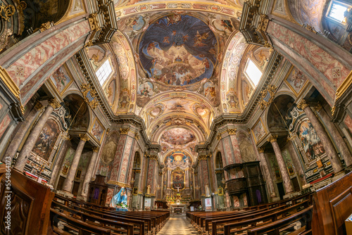 Carr    Piedmont  Italy - May 17  2022  internal view of the parish church of Maria Vergine Assunta  Virgin Mary of the Assumption  with frescoed vaults  fish eye view