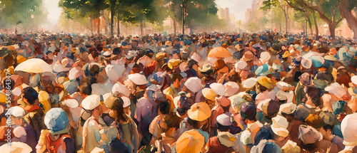 Painting of crowd of people in the city  Generative AI