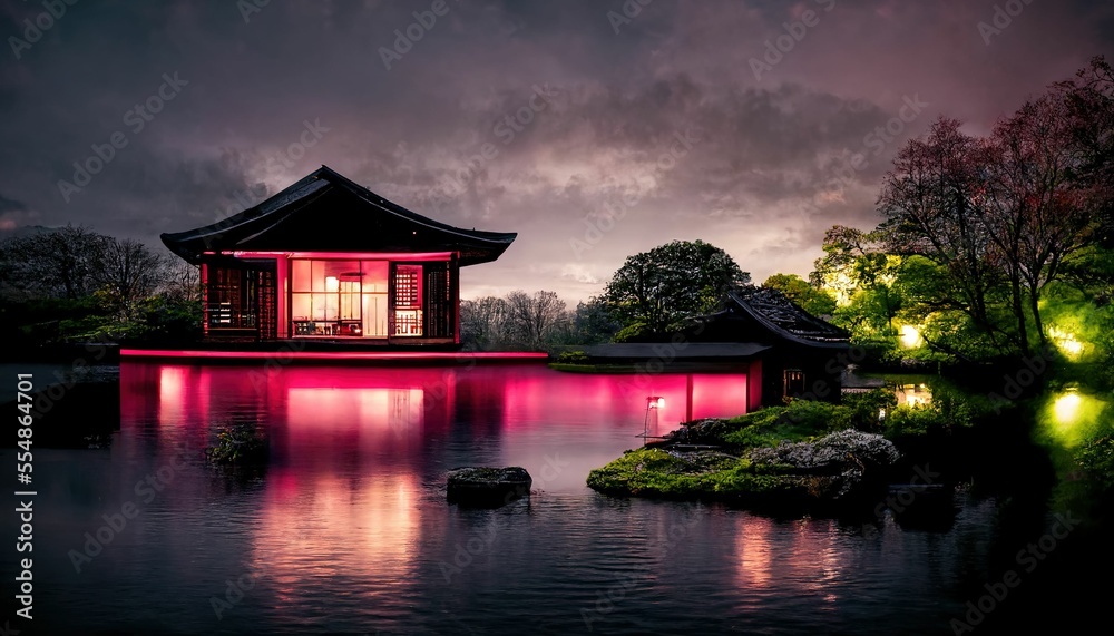 Fototapeta premium Japanese garden with cherry blossom, sakura, houses reflecting in the lake ,made with Generative AI