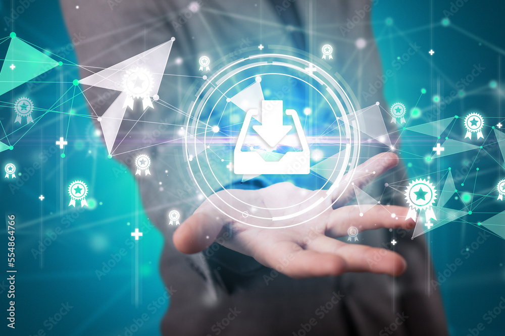 Businessman holdig business icons concept