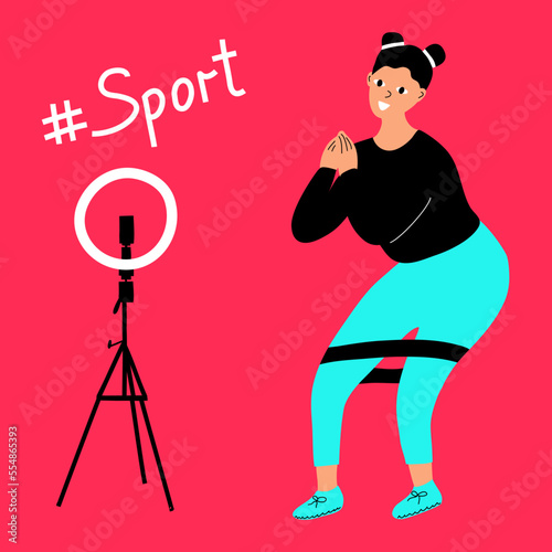 A flat vector banner template with a hand-drawn style on a pink background..The girl uploads a video of his sports exercise to a popular social network..Hashtag sport.