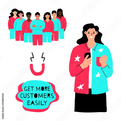 "Get More Customers Easily"a flat vector banner template with a hand-drawn style on a white background.A social network advertising resulted in a large number of new customers for the girl. 