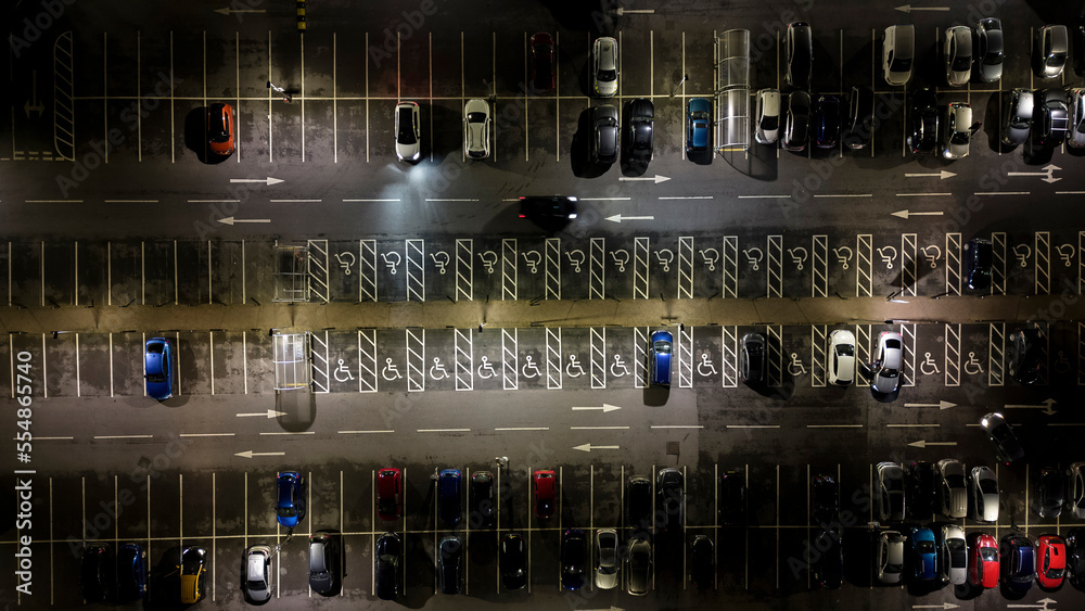 Aerial view of a carpark at night