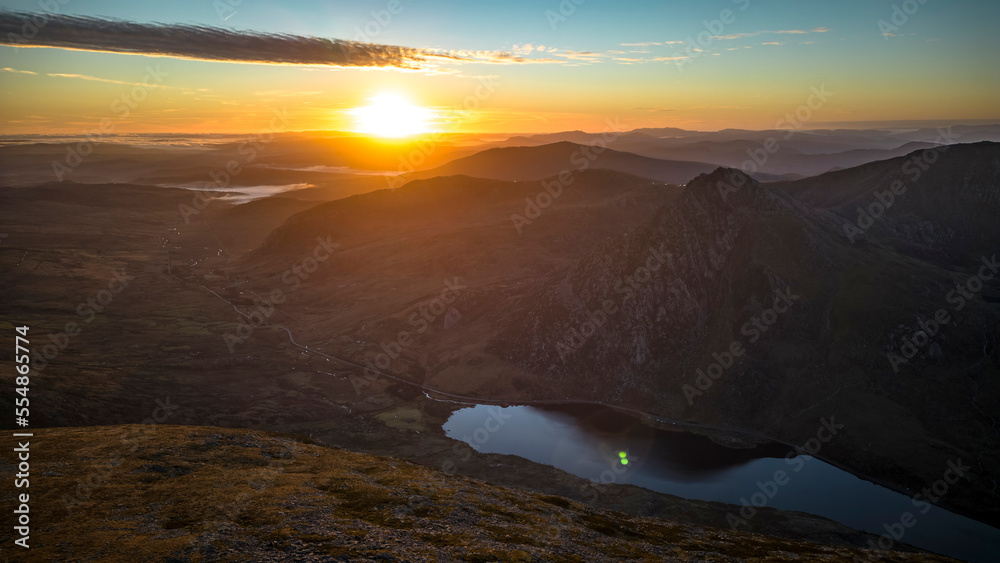 Ogwen valley and Tryfan landscape sunrise view of Snowdonia