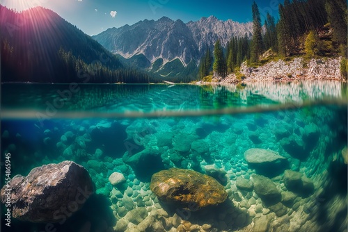 Autumn landscape mountain lake fusion view, Autumn mountain, lake view with clear water, and colorful stones. © Concept Killer
