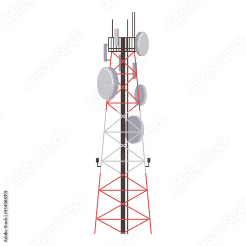Radio tower with antenna, broadcasting equipment. Vector towered communication technology antenna, towering broadcast construction in city with network wireless signal station