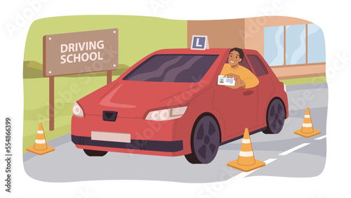 Person passed education exam in driving school, flat cartoon vector illustration. Happy guy just got driving license, passed driving test with traffic cones, success in drive