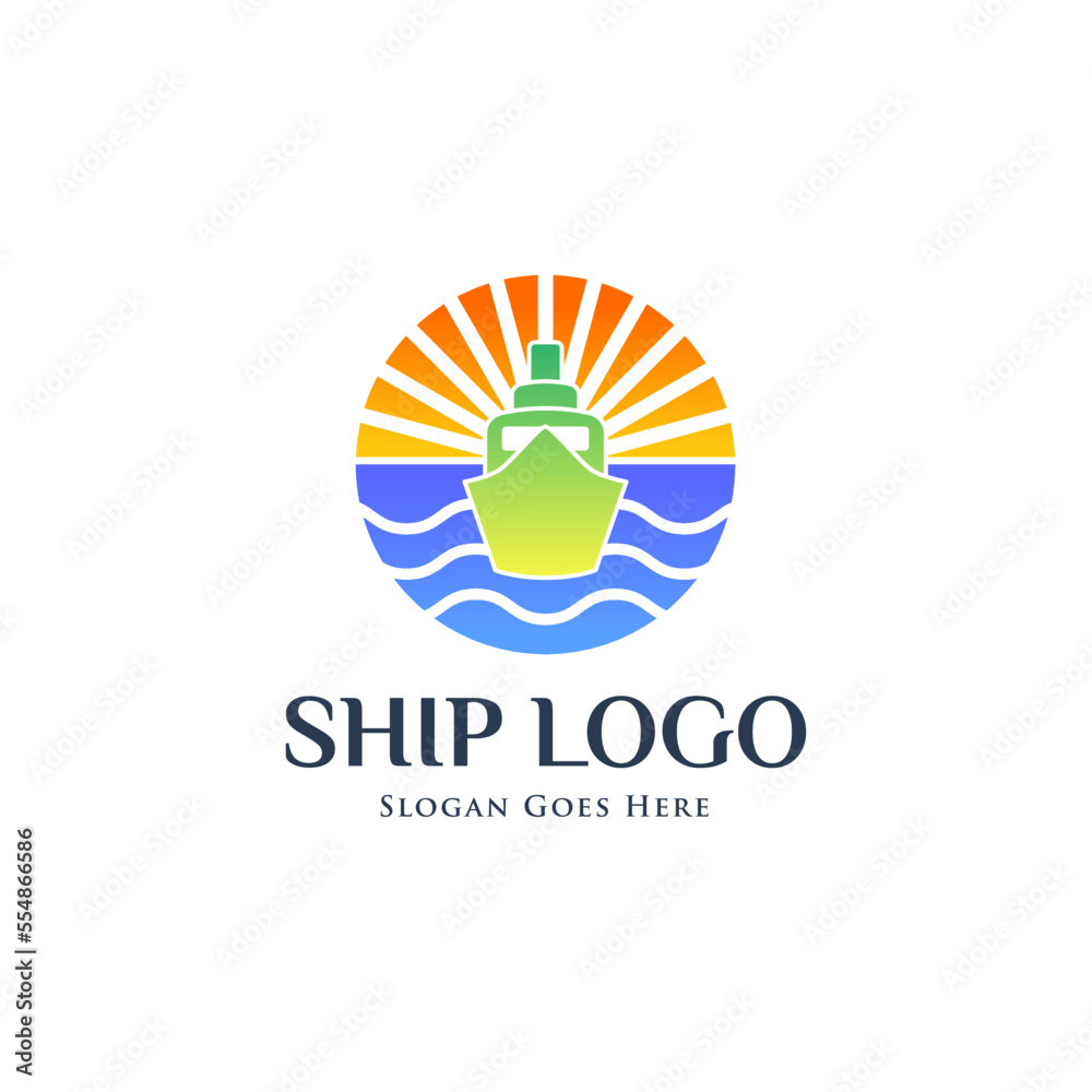 Ship on the sea logo. Ship and wave logo. Ship on the sea logo. Ship and wave logo.