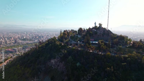 Aerial view of the San Cristobal hill and the city of Santiago, Chile. Sunny and clear day photo