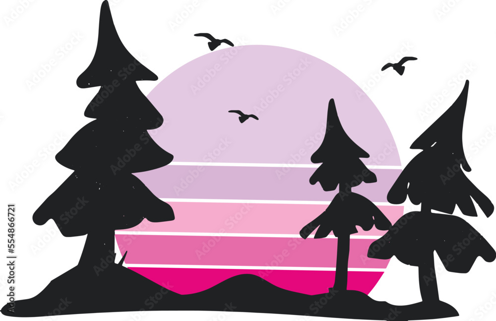 Fototapeta premium silhouette of fir trees vector and pink sun. christmas trees cartoon style vector silhouette. forest vector silhouette. forest silhouette and retro pink sun vector