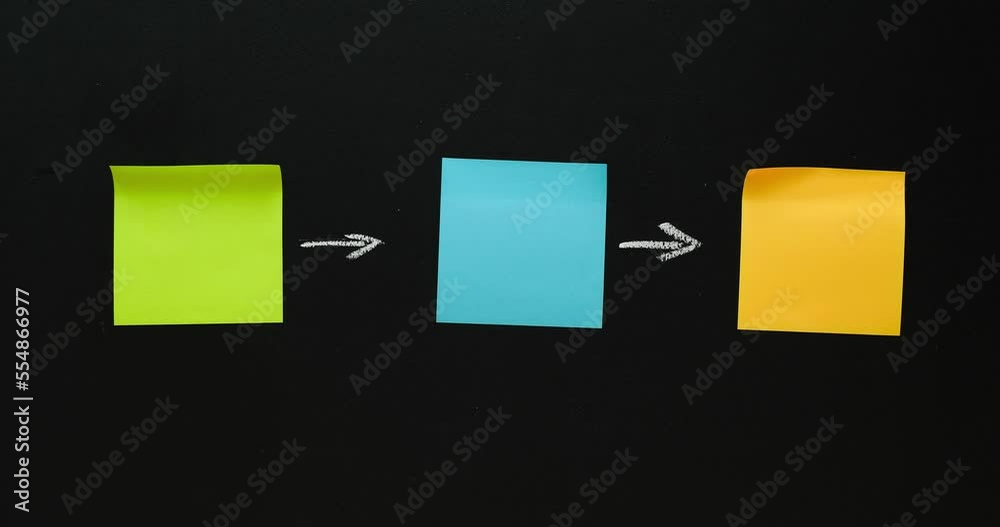 Multi-colored note paper with an arrows on a black background. Process concept with a place for your text. 4K stop motion animation