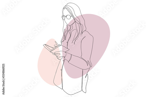 Young girl reading book continuous line drawing concept. Woman in glasses stands and holding book. Student learning with textbook for exam. Illustration in outline hand drawn design for web