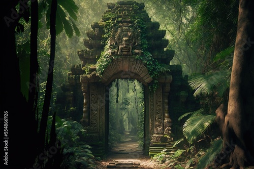 Billede på lærred Mayan gate in the forest. Generative AI