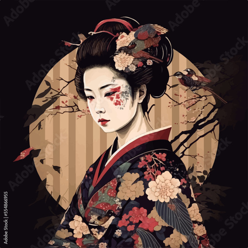 Fotografie, Obraz icon of a Japanese geisha woman in traditional floral dress