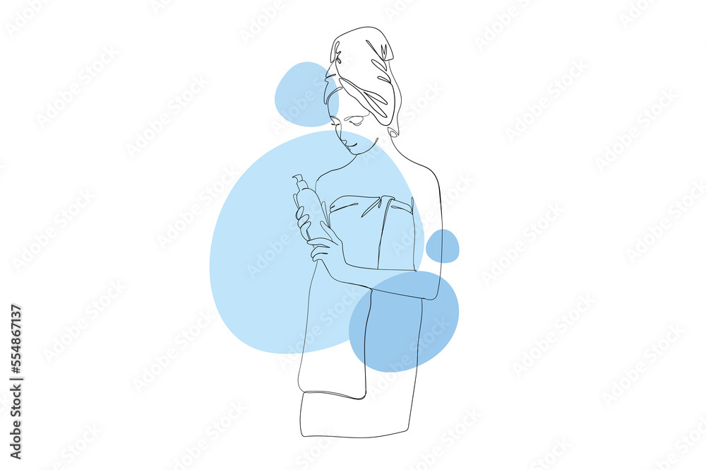 Young girl in spa salon continuous line drawing concept. Woman in towel stands and holds body skin care cosmetic product for shower or bath. Illustration in outline hand drawn design for web Young girl in spa salon continuous line drawing concept. Woman in towel stands and holds body skin care cosmetic product for shower or bath. Illustration in outline hand drawn design for web