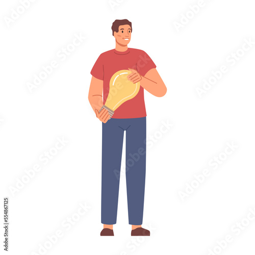 Energy saving, low consumption. Green mode energy, man with huge light bulb, switch off, rational use of resources, environment protection of people, vector flat cartoon illustration